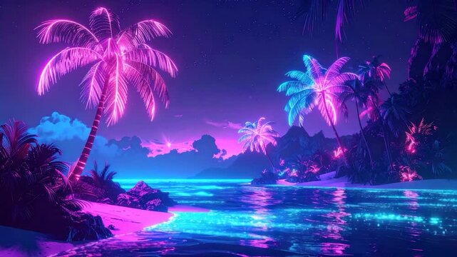 A neon beach scene showcases palm trees, water, and night sky