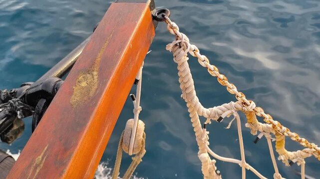 Wooden boat sailing close up, view from the boat