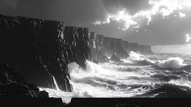 Dramatic black and white depiction of a rocky coastline, and rough seas