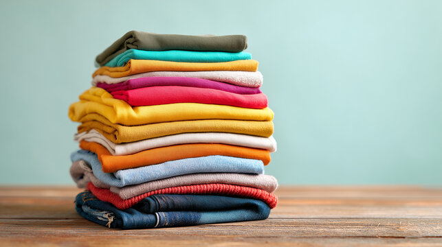 Large pile of colorful clothes stacked on a wooden table, representing laundry, fashion variety, and household organization in a bright and casual setting.