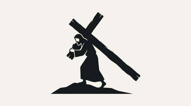 Minimalist silhouette of Jesus Christ carrying the heavy wooden cross to Calvary