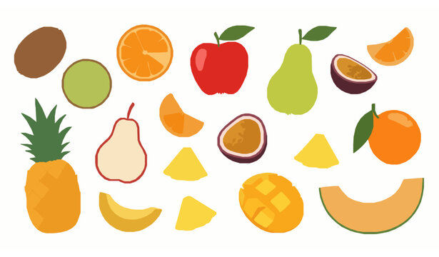 Fresh tropical fruit assortment with apple kiwi mango pineapple and melon slices flat vector isolated on white