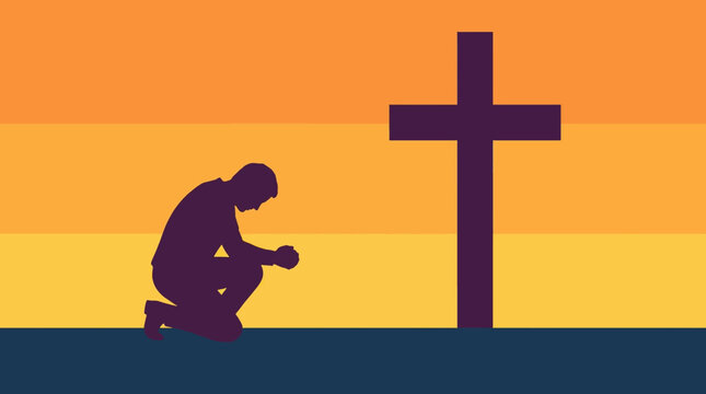 Silhouette of a person kneeling in prayer in front of a large cross at dawn