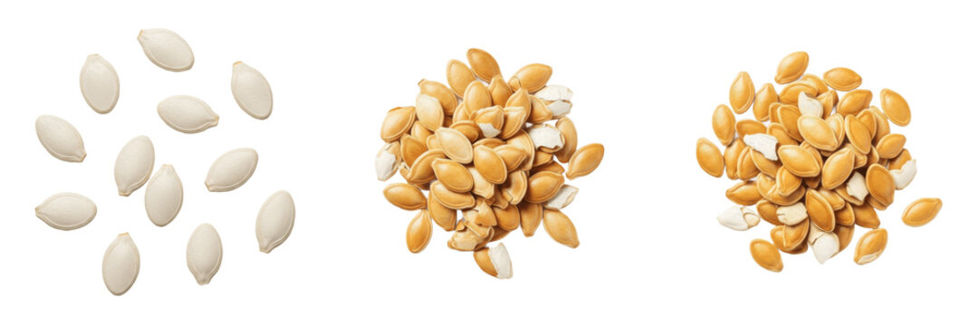Pumpkin Seeds (Cucurbita pepo) Pepitas, Hulled Green Pumpkin Kernels, Edible Squash Seeds, Cucurbit Seed Snack, Nutrient Rich Seeds Isolated on White Background