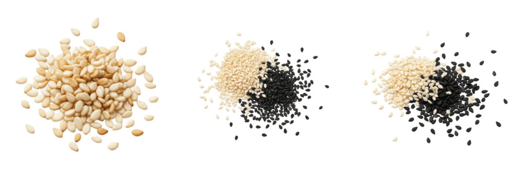 Sesame Seeds (Sesamum indicum) White & Black Til Seeds, Hulled Sesame Kernel, Tahini Seeds, Oil Rich Sesamum Seeds Isolated on White Background Macro