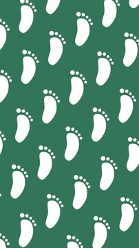 Seamless human footprint pattern on green background animation. Minimalist white barefoot tracks repeat as wallpaper for wellness and spa screen backdrop. Forest green vertical banner.