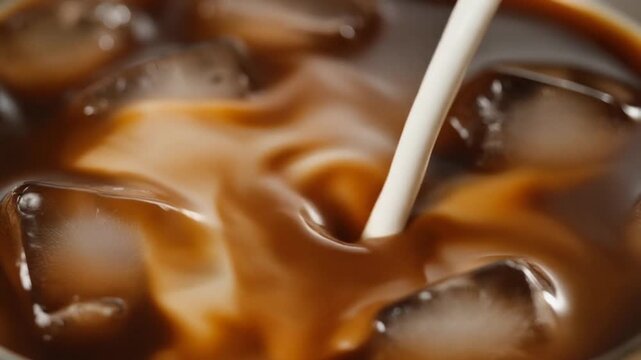 Extreme slow-motion ribbon of condensed milk sinking through iced coffee before fully mixing, fluid dynamic detail, 240fps cinematic capture