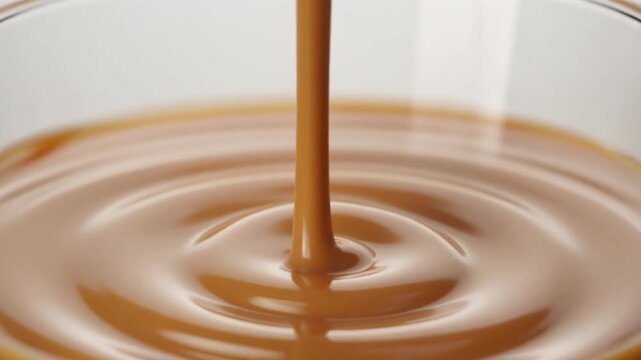 Macro shot thick sweetened condensed milk slowly poured into clear glass, glossy ribbon texture forming smooth spiral pool at bottom, white studio background, high-speed camera 120fps, commercial beve