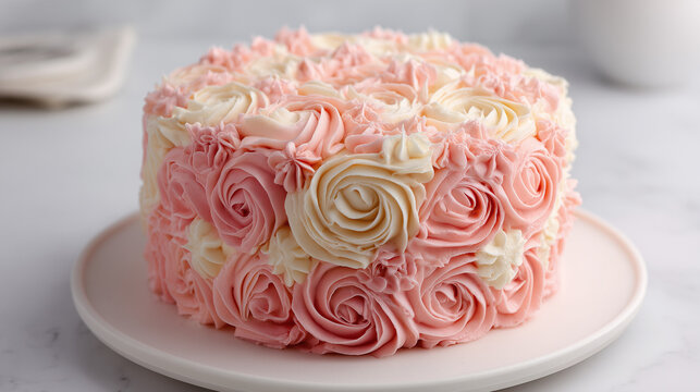 Beautiful buttercream cake with pink and white rosette piping, showcasing elegant dessert design, bakery art, and celebration concept on a clean background.
