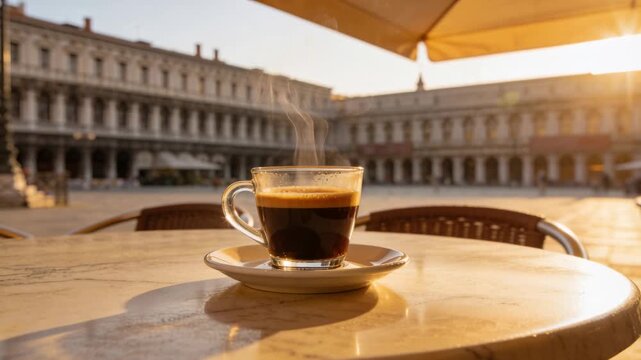 Camera creeping forward, sunlight intensifying, glass cup releasing crema steam on plaza table