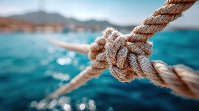 Close-up of a nautical rope knot against a blurred ocean backdrop.