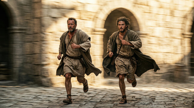 Disciples peter and john running through ancient city