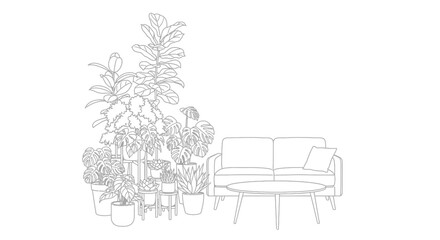 Fototapeta premium Line art drawing of a cozy living room with many potted plants.