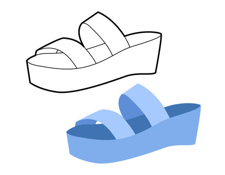 Blue flatform sandal shoe women flat plus line set. Double strap platform sandal for fashion resort project. Technical fashion illustration CAD mockup mixed vector man unisex isolated chic style.