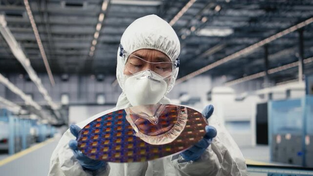 Close up of researcher holding processed silicon wafer inside automated manufacturing facility. Expert inspecting delicate microelectronic hardware during QC analysis process, camera B