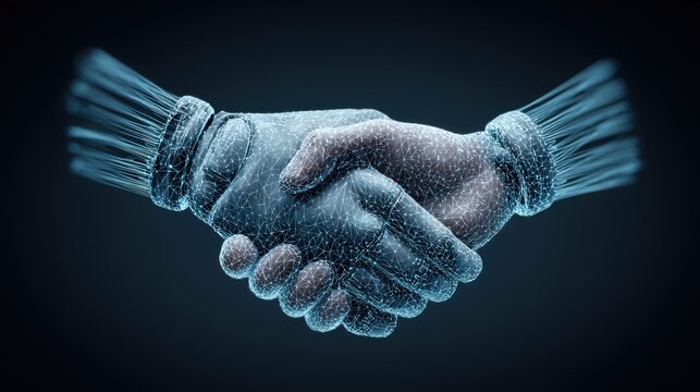 Digital handshake representing a futuristic business deal or agreement in technology