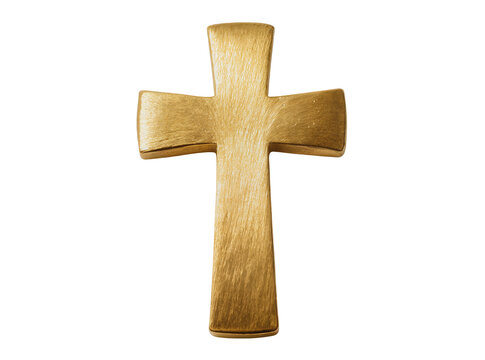 Isolated brushed gold cross symbol of faith and religion, metallic polished design object