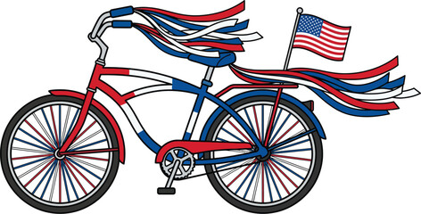 Fototapeta premium Cruiser bicycle decorated with red, white, and blue streamers flowing from the handlebars and seat, proudly displaying a small American flag on the rear rack.