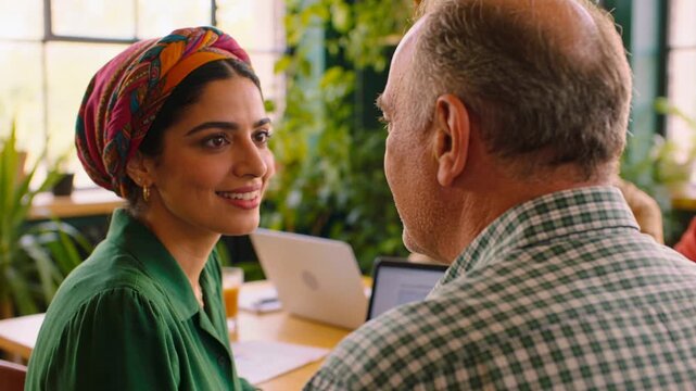 Greeting woman green blouse headscarf starting chat at cafe, man listening with laptop orange-juice
