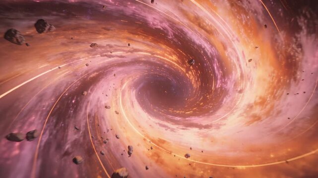 Luminous spiral vortex pulling asteroids inward for science, glowing trails tightening toward void