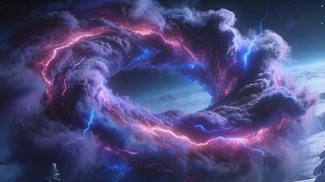 Rotating torus storm cloud brightening over snowy hillside, with electrical threads energizing