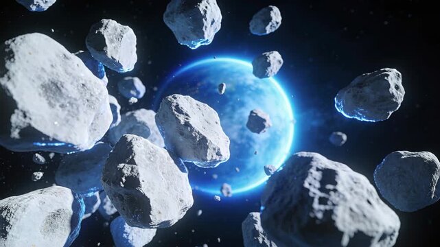 Pushing camera forward, rocky asteroid cluster drifting past glowing blue planet in outer space