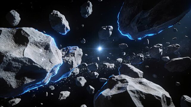Advancing camera moving through dense asteroid cluster toward bright star, showing blue seams