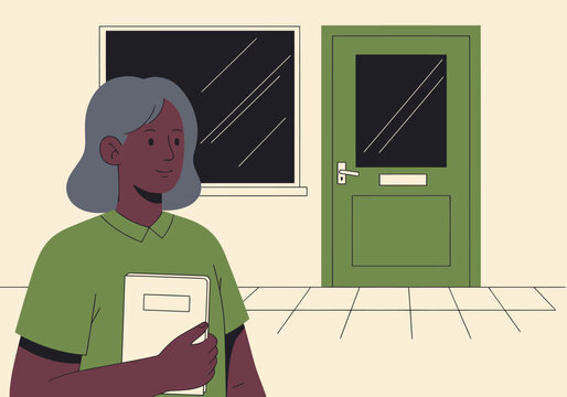 A professional microfinance representative greets a business visitor, holding a file. Clean, modern illustration with a chalkboard and green door. Suitable for business and finance themes.