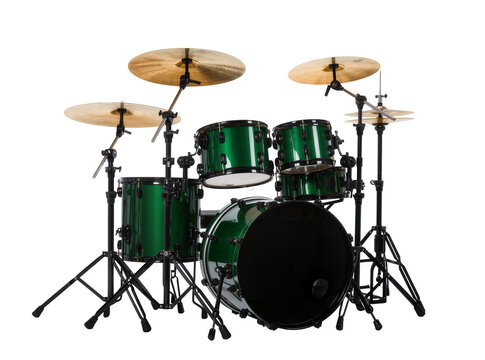 Isolated professional vibrant green drum set with multiple cymbals a complete percussion instrument kit.