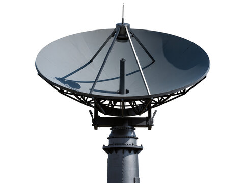 Isolated large parabolic satellite dish for global telecommunication and data transmission technology.