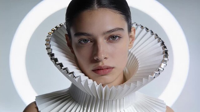 Female model holding gaze, tilting head on cue, highlighting pleated ruff and ring halo for fashion