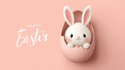 Obraz premium A cute white bunny emerges from a pink Easter egg on a pastel background with Happy Easter text