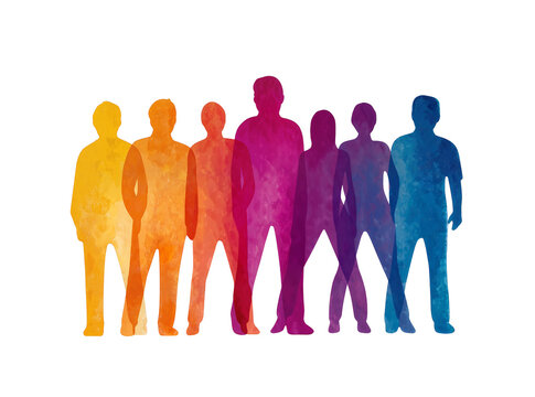 Isolated diverse group of colorful watercolor people silhouettes representing unity