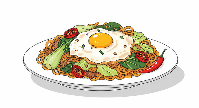 A plate of mie goreng with vegetables and egg on top served hot.