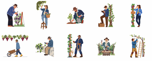 Obraz premium Set of flat vector illustrations of vineyard workers and winemakers performing various tasks such as harvesting, planting, and wine tasting in a vineyard.