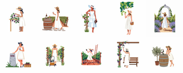 Naklejka premium Set of flat vector illustrations featuring women in white dresses and straw hats enjoying wine tourism, harvesting grapes, and tasting wine in vineyards.