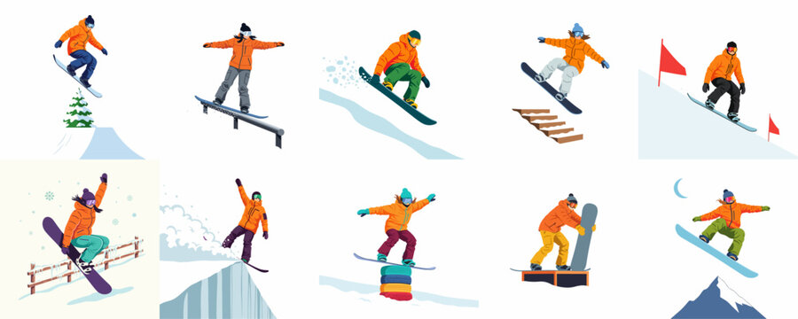 Set of ten flat vector illustrations of male and female snowboarders in action, performing various stunts like jumps, rail grinds, and powder carving.