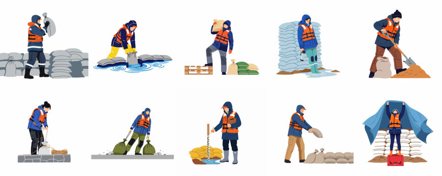 Illustration set of people and emergency responders working together to build sandbag barriers for flood prevention and disaster relief.