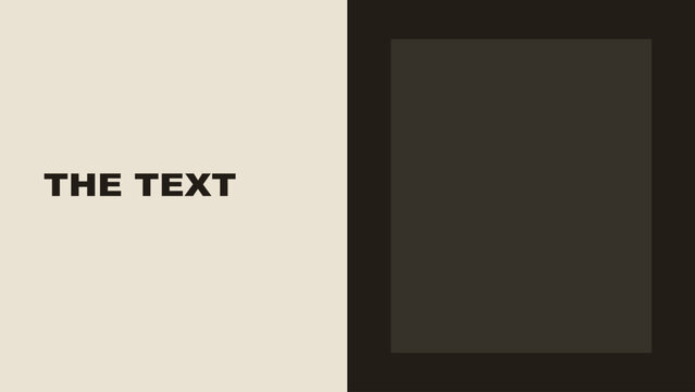 A minimalist split-screen graphic layout with bold typography on beige and a dark square frame