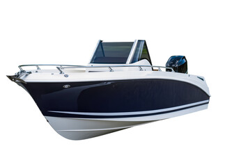 Naklejka premium Isolated recreational speed boat with dark blue hull, white top, and powerful outboard engine.