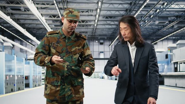 Soldier talks with microchip manufacturing plant manager about using microelectronics for national security concept. Military agent and executive discuss about semiconductor supply chain, camera A