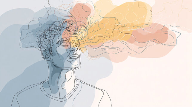 Minimal pastel abstract illustration of a man with clouds and patterns, negative mental health concept