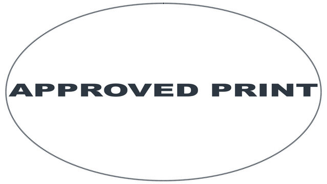 Approved print text inside a dashed oval border with bold black letters on white background