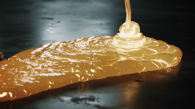 Falling stream pouring gold viscous liquid creating glossy ribbon on bench, with nut and highlights