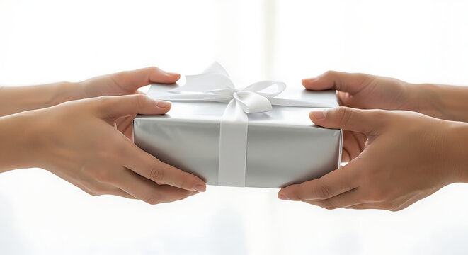 Hands holding gift box with white ribbon against bright background