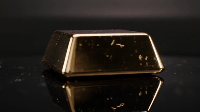 Sweeping left flash causing gold trapezoid bar reflecting on glossy black table, revealing dust