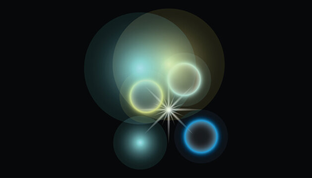 Glowing orbs and starburst light effect on black background