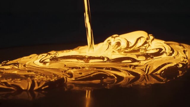Pouring viscous gold liquid coming from above into textured pool on studio table for material study