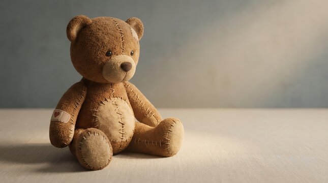 Patched Teddy Bear Sitting Alone &ndash; Emotional Healing, Childhood Trauma and Loneliness Concept