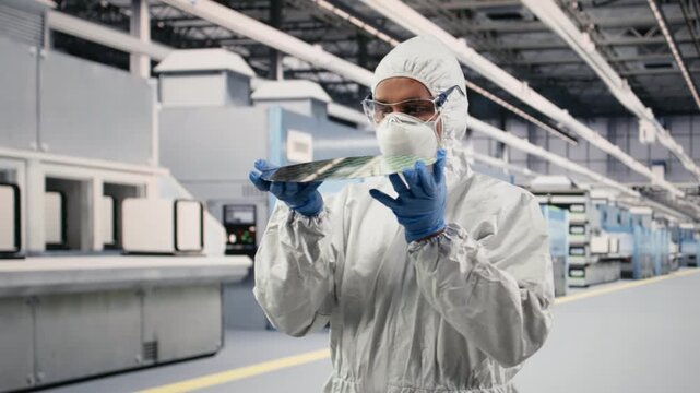 Cleanroom technician holding processed silicon wafer inside automated manufacturing facility. Engineer inspecting delicate microelectronic hardware during quality control process, camera B
